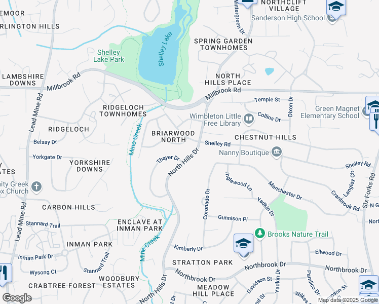 map of restaurants, bars, coffee shops, grocery stores, and more near 5513 North Hills Drive in Raleigh