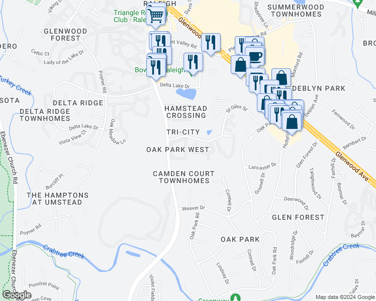 map of restaurants, bars, coffee shops, grocery stores, and more near 5518 Sharpe Drive in Raleigh