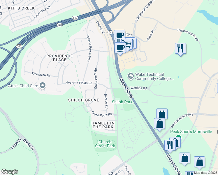 map of restaurants, bars, coffee shops, grocery stores, and more near 921 Church Street in Morrisville