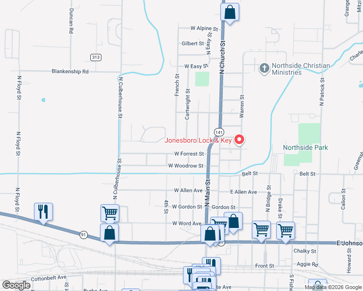map of restaurants, bars, coffee shops, grocery stores, and more near 809 Cartwright Street in Jonesboro