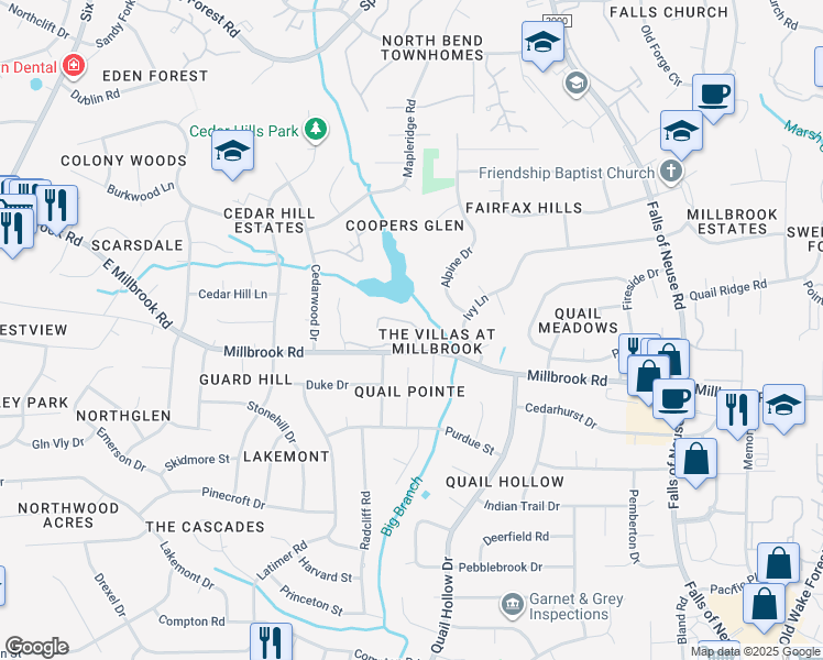 map of restaurants, bars, coffee shops, grocery stores, and more near 5057 Tall Pines Court in Raleigh