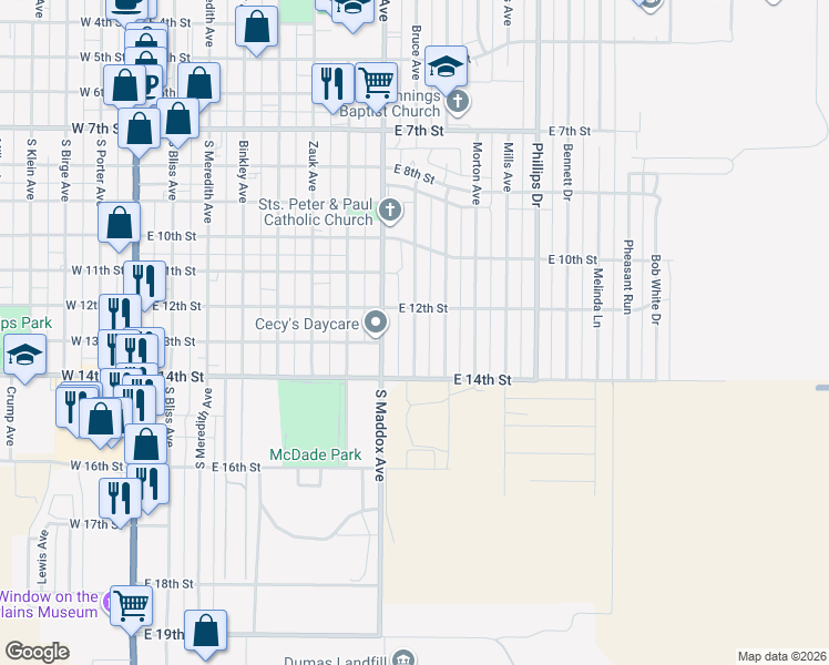 map of restaurants, bars, coffee shops, grocery stores, and more near 1212 Bruce Avenue in Dumas