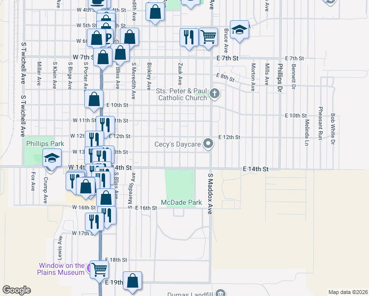 map of restaurants, bars, coffee shops, grocery stores, and more near 648-698 East 12th Street in Dumas