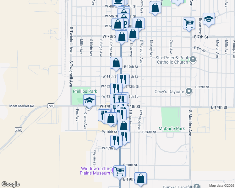 map of restaurants, bars, coffee shops, grocery stores, and more near 1200 South Porter Avenue in Dumas