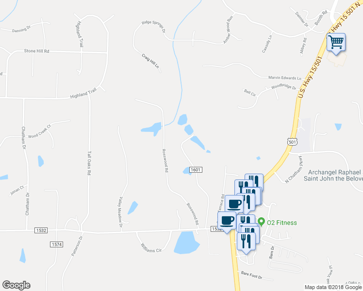 map of restaurants, bars, coffee shops, grocery stores, and more near 549 Cedar Lake Road in Chapel Hill