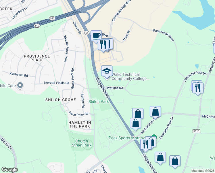 map of restaurants, bars, coffee shops, grocery stores, and more near 301-305 Watkins Rd in Morrisville