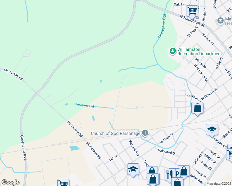 map of restaurants, bars, coffee shops, grocery stores, and more near 1545 West Park Road in Williamston