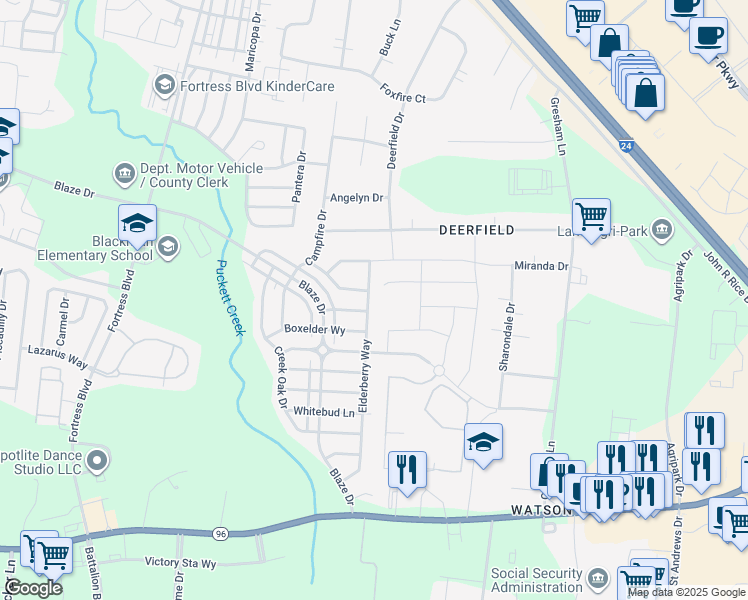 map of restaurants, bars, coffee shops, grocery stores, and more near 632 Elderberry Way in Murfreesboro