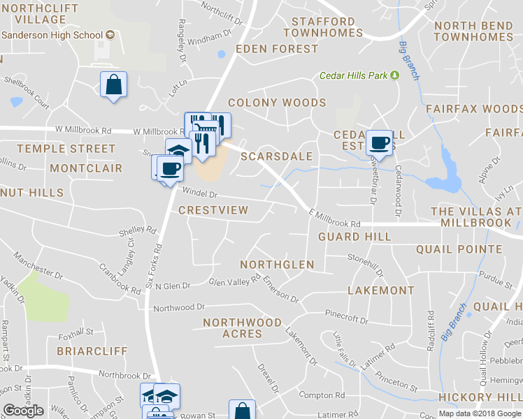 map of restaurants, bars, coffee shops, grocery stores, and more near 5405 Crestview Road in Raleigh