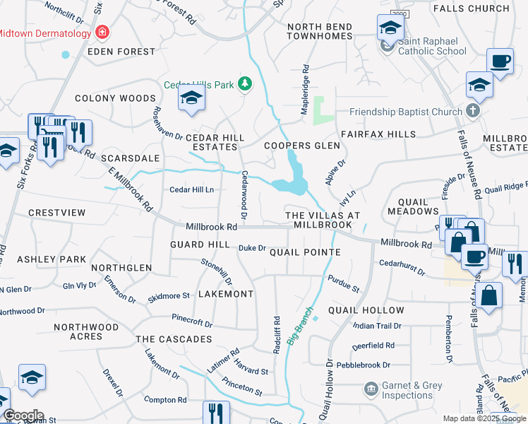 map of restaurants, bars, coffee shops, grocery stores, and more near 5082 Flint Ridge Place in Raleigh
