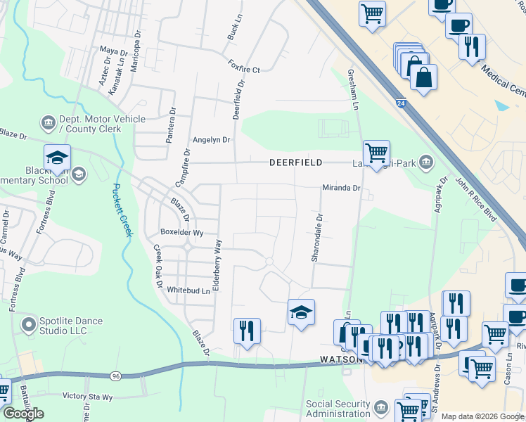 map of restaurants, bars, coffee shops, grocery stores, and more near 3252 Calendula Way in Murfreesboro