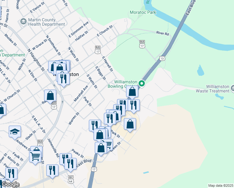 map of restaurants, bars, coffee shops, grocery stores, and more near 107 Gatling Street in Williamston