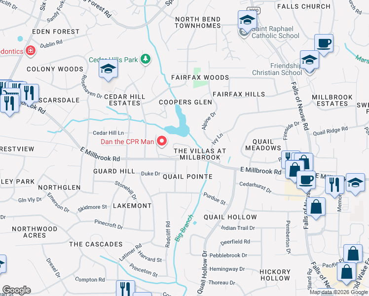 map of restaurants, bars, coffee shops, grocery stores, and more near 5057 Tall Pines Court in Raleigh