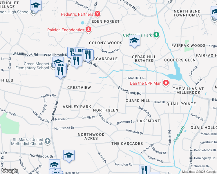 map of restaurants, bars, coffee shops, grocery stores, and more near 301 Windel Drive in Raleigh