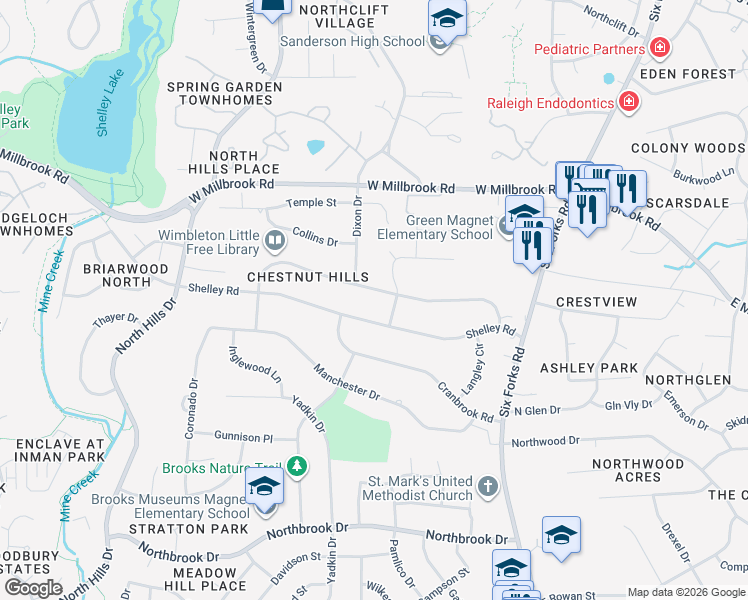 map of restaurants, bars, coffee shops, grocery stores, and more near 824 Wimbleton Drive in Raleigh