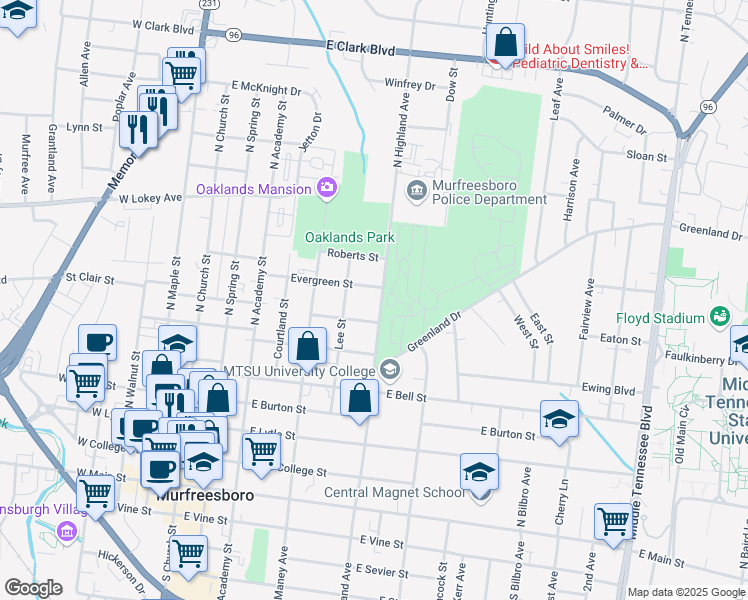 map of restaurants, bars, coffee shops, grocery stores, and more near 447 Evergreen Street in Murfreesboro