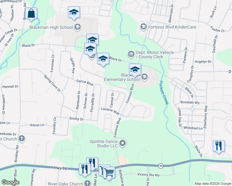 map of restaurants, bars, coffee shops, grocery stores, and more near 468 Bethany Circle in Murfreesboro
