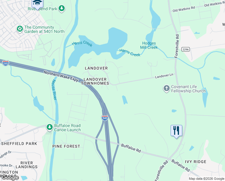 map of restaurants, bars, coffee shops, grocery stores, and more near 4066 Landover Lane in Raleigh