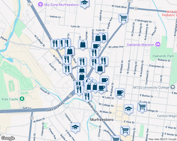 map of restaurants, bars, coffee shops, grocery stores, and more near 615 Memorial Boulevard in Murfreesboro