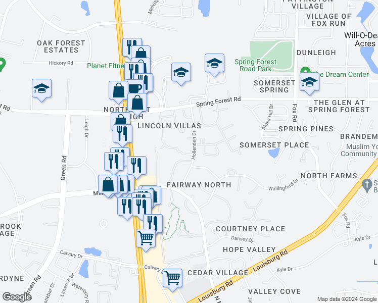 map of restaurants, bars, coffee shops, grocery stores, and more near 4800 Avenida Del Sol Drive in Raleigh