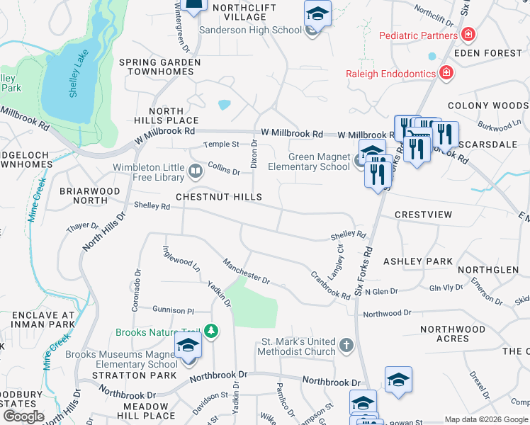 map of restaurants, bars, coffee shops, grocery stores, and more near 824 Wimbleton Drive in Raleigh