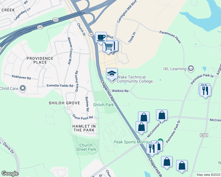 map of restaurants, bars, coffee shops, grocery stores, and more near 10908 Chapel Hill Road in Morrisville