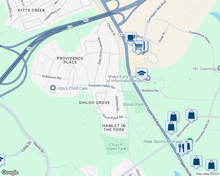 map of restaurants, bars, coffee shops, grocery stores, and more near 804 Church Street in Morrisville
