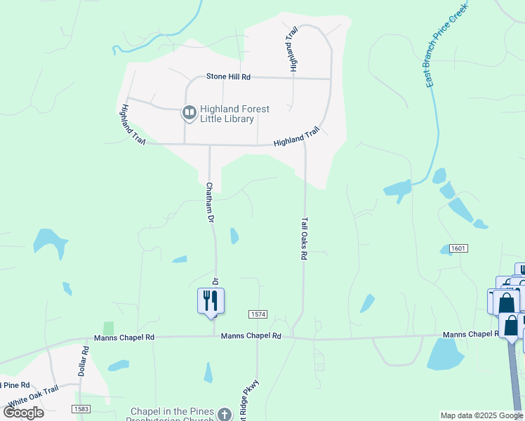 map of restaurants, bars, coffee shops, grocery stores, and more near 79 Glen Eden Court in Chapel Hill