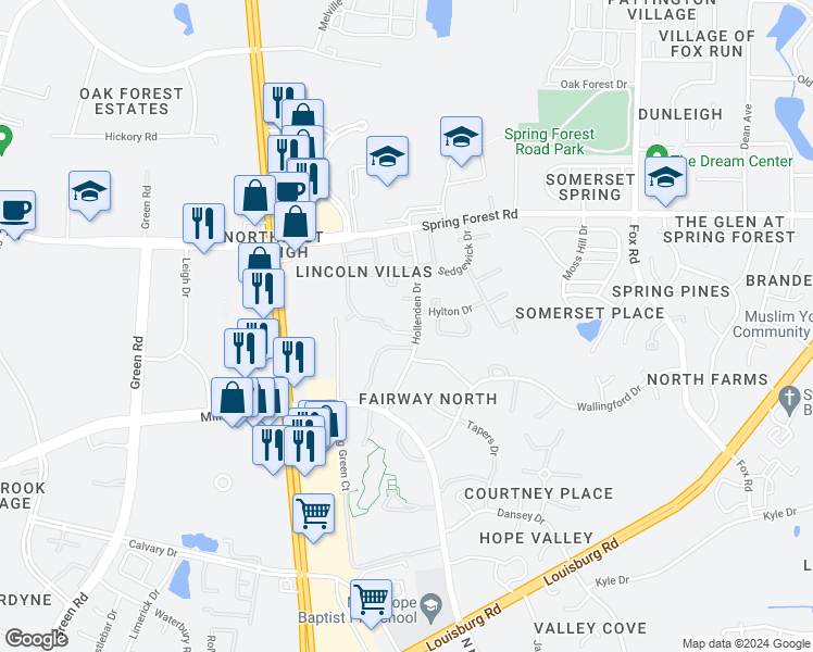 map of restaurants, bars, coffee shops, grocery stores, and more near 4800 Avenida Del Sol Drive in Raleigh