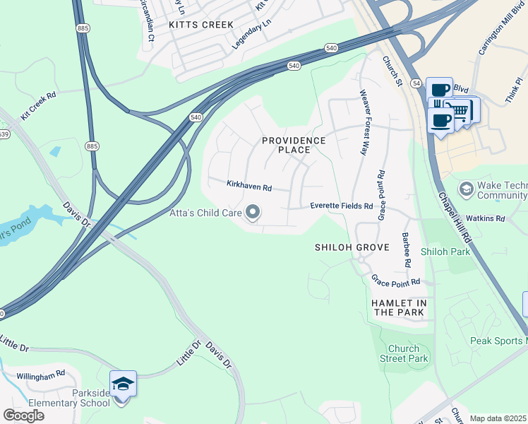 map of restaurants, bars, coffee shops, grocery stores, and more near 1012 Amanda Court in Morrisville