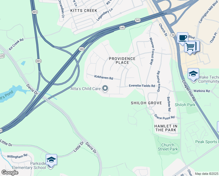 map of restaurants, bars, coffee shops, grocery stores, and more near 1012 Amanda Court in Morrisville