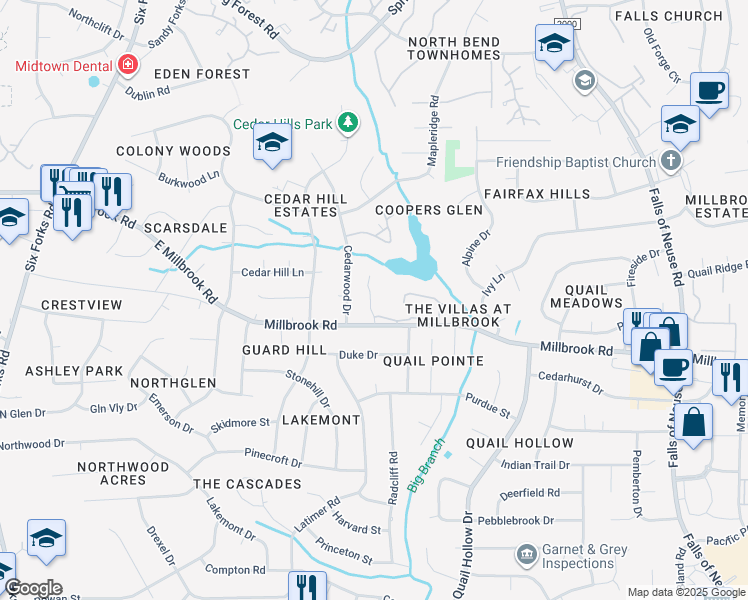 map of restaurants, bars, coffee shops, grocery stores, and more near 5082 Flint Ridge Place in Raleigh