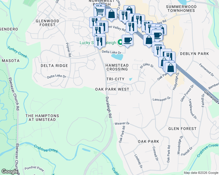 map of restaurants, bars, coffee shops, grocery stores, and more near 4134 Deep Hollow Drive in Raleigh