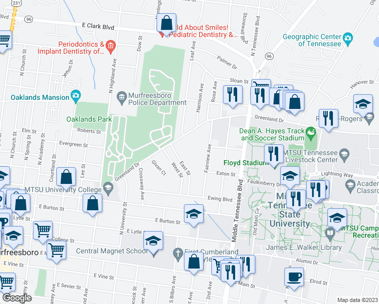 map of restaurants, bars, coffee shops, grocery stores, and more near 902 Greenland Drive in Murfreesboro
