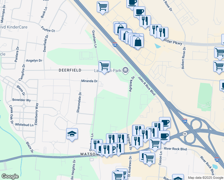 map of restaurants, bars, coffee shops, grocery stores, and more near 553 Agripark Drive in Murfreesboro