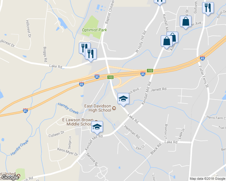 map of restaurants, bars, coffee shops, grocery stores, and more near Lake Road in Thomasville