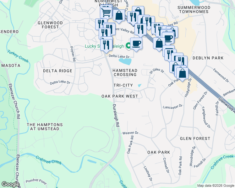 map of restaurants, bars, coffee shops, grocery stores, and more near 4134 Deep Hollow Drive in Raleigh