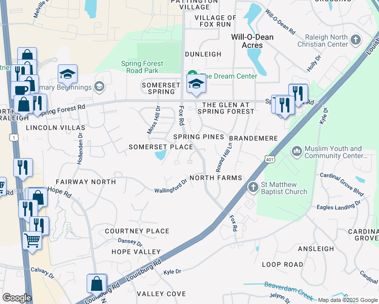 map of restaurants, bars, coffee shops, grocery stores, and more near 5329 Wenesly Court in Raleigh