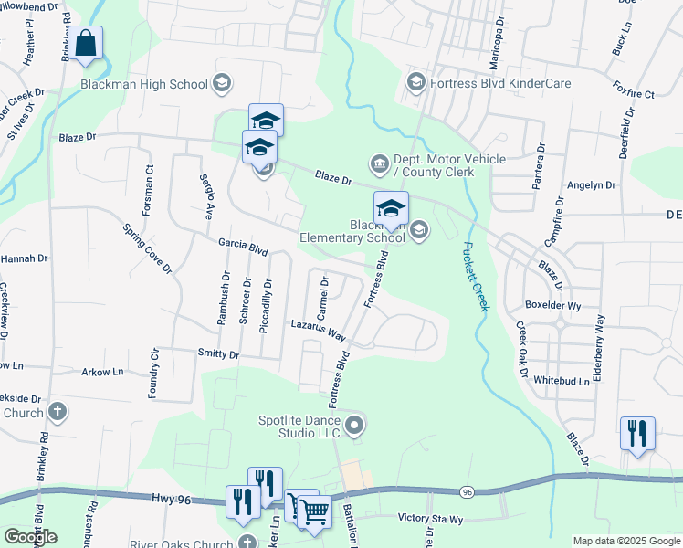 map of restaurants, bars, coffee shops, grocery stores, and more near 467 Bethany Circle in Murfreesboro