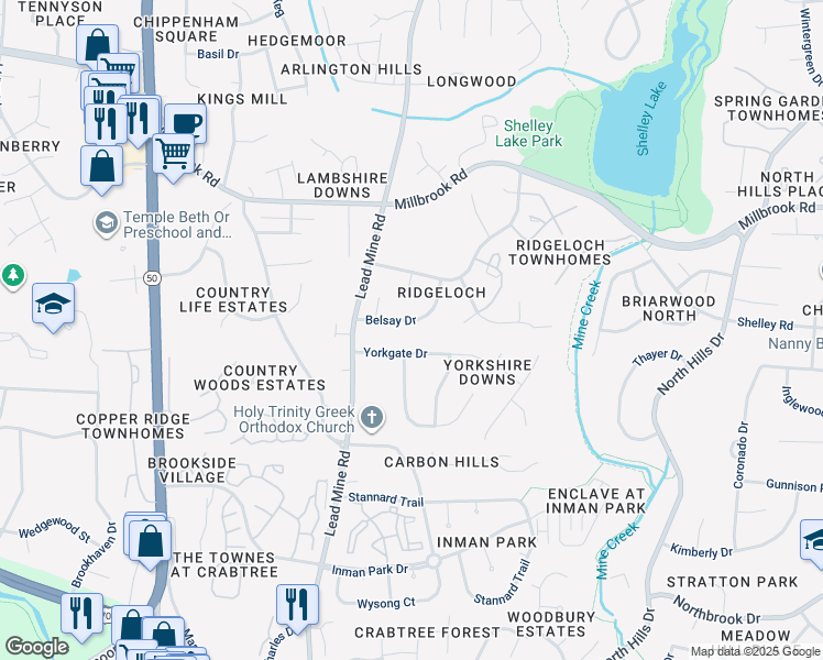 map of restaurants, bars, coffee shops, grocery stores, and more near 5324 Belsay Drive in Raleigh