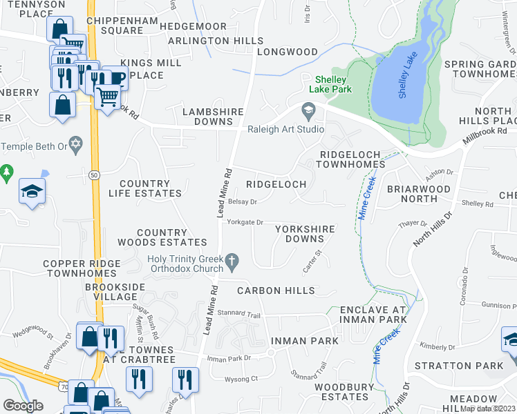 map of restaurants, bars, coffee shops, grocery stores, and more near 5324 Belsay Drive in Raleigh