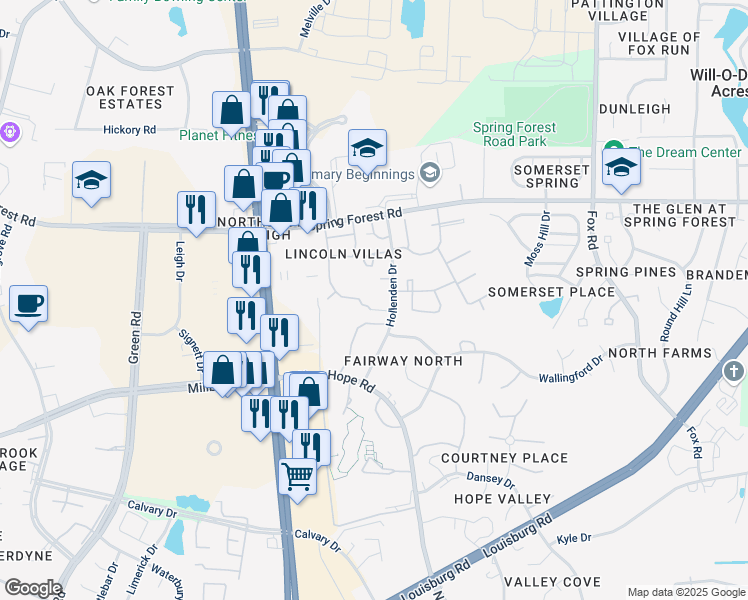 map of restaurants, bars, coffee shops, grocery stores, and more near 4907 Avenida Del Sol Drive in Raleigh