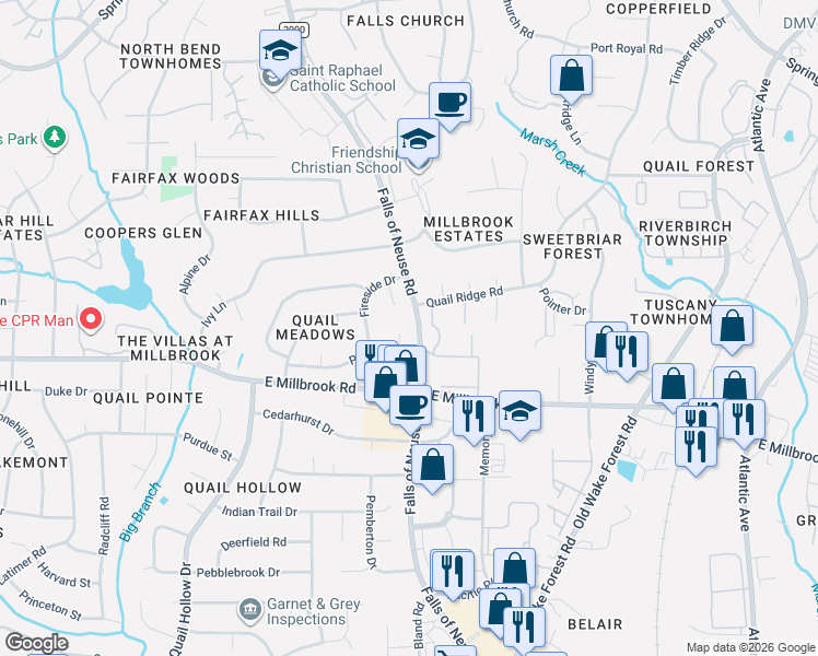 map of restaurants, bars, coffee shops, grocery stores, and more near 5300 Country Court in Raleigh