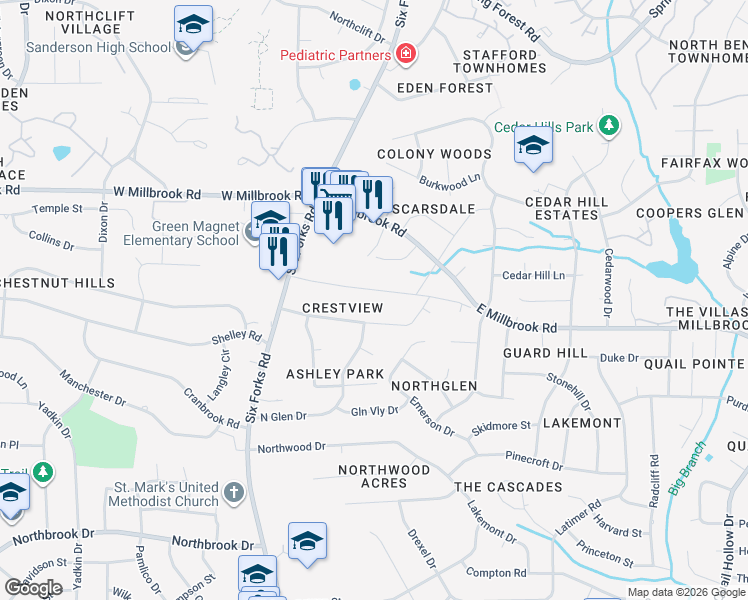map of restaurants, bars, coffee shops, grocery stores, and more near 201 Windel Drive in Raleigh