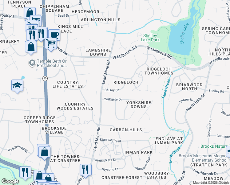 map of restaurants, bars, coffee shops, grocery stores, and more near 5317 Belsay Drive in Raleigh