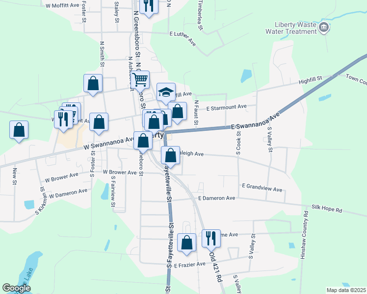map of restaurants, bars, coffee shops, grocery stores, and more near 208 East Swannanoa Avenue in Liberty