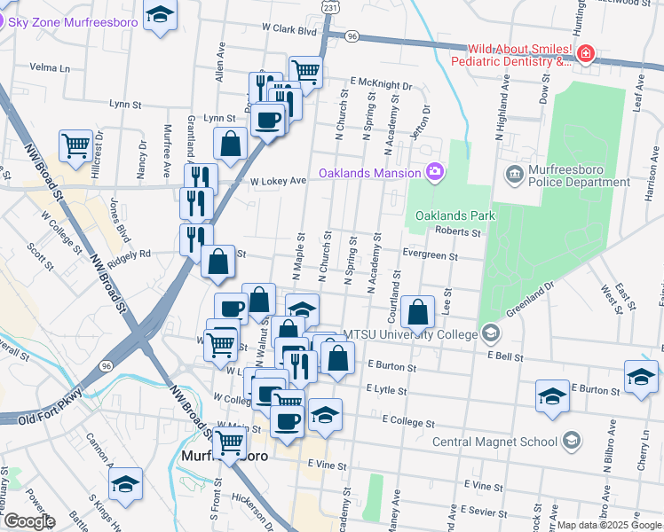 map of restaurants, bars, coffee shops, grocery stores, and more near 715 North Spring Street in Murfreesboro