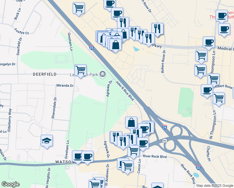 map of restaurants, bars, coffee shops, grocery stores, and more near 554 Agripark Drive in Murfreesboro