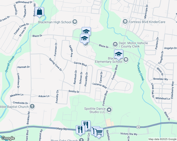 map of restaurants, bars, coffee shops, grocery stores, and more near 556 Piccadilly Drive in Murfreesboro