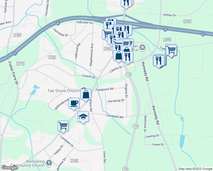 map of restaurants, bars, coffee shops, grocery stores, and more near 1049 Fairgrove Road in Thomasville
